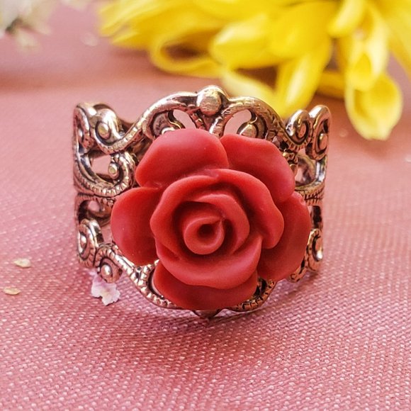 Vintaged Red Rose Lace Ring - Picture 6 of 7